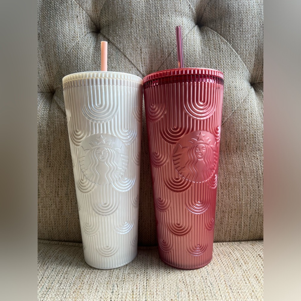 Starbucks Pink and White Pearl Shell Mermaid Scales Tumbler Fall 2023 excel
